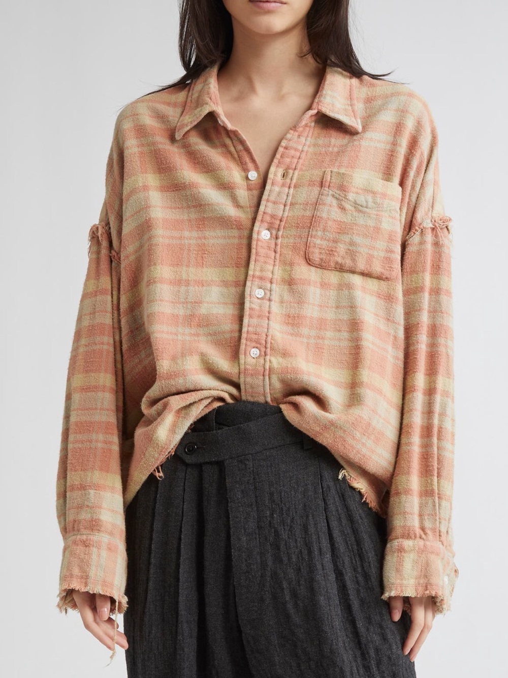 R13 Shredded Seam Drop Neck Plaid Flannel Button-Up Shirt, XS S M